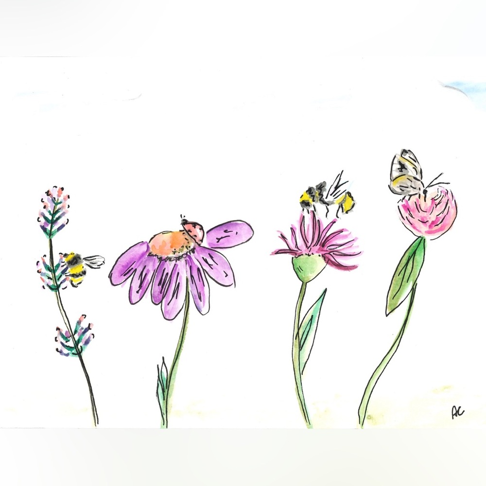 Floral and Bee Watercolor Art Print